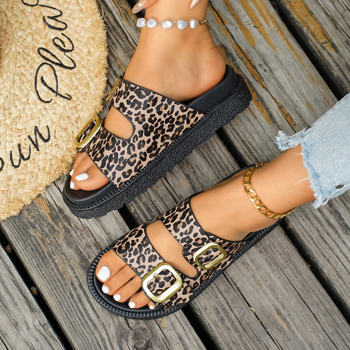 2026 Summer New Fashion Double Buckle Decoration Casual Open Toe Slippers Women's Thick Sole Anti-Slip Comfortable Slippers