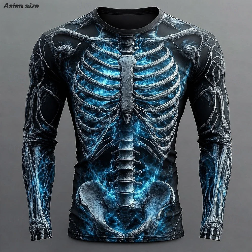 Flame Skeleton Full 3D Print Long Sleeve T-Shirt Unisex Gothic Halloween Graphic Tee Men Women Streetwear Top