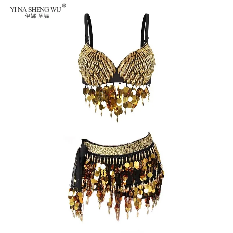 Conjunto de traje de actuación de danza del vientre para mujer, traje de fiesta para club nocturno, monedas, bufanda de cadera, sujetadores con cuentas y brazaletes, Ropa de baile para DJ