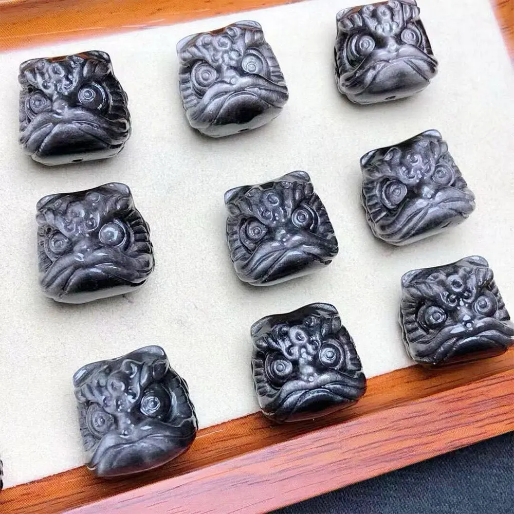 3pcs/Lot Natural Stones Silver Obsidian Lion Dance Head Mini Carvings Crystals Crystal Stone Home