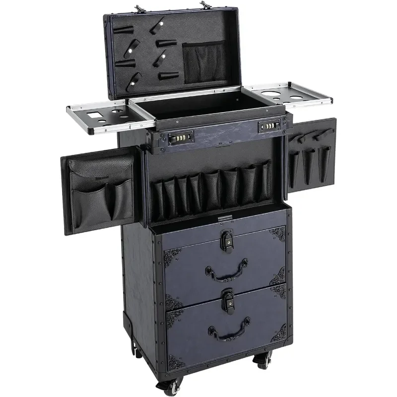 Rolling Lockable Makeup Train Case Large Storage Cosmetic Trolley with Wheels Hairdressing Trolley Stylist Beauty Salon