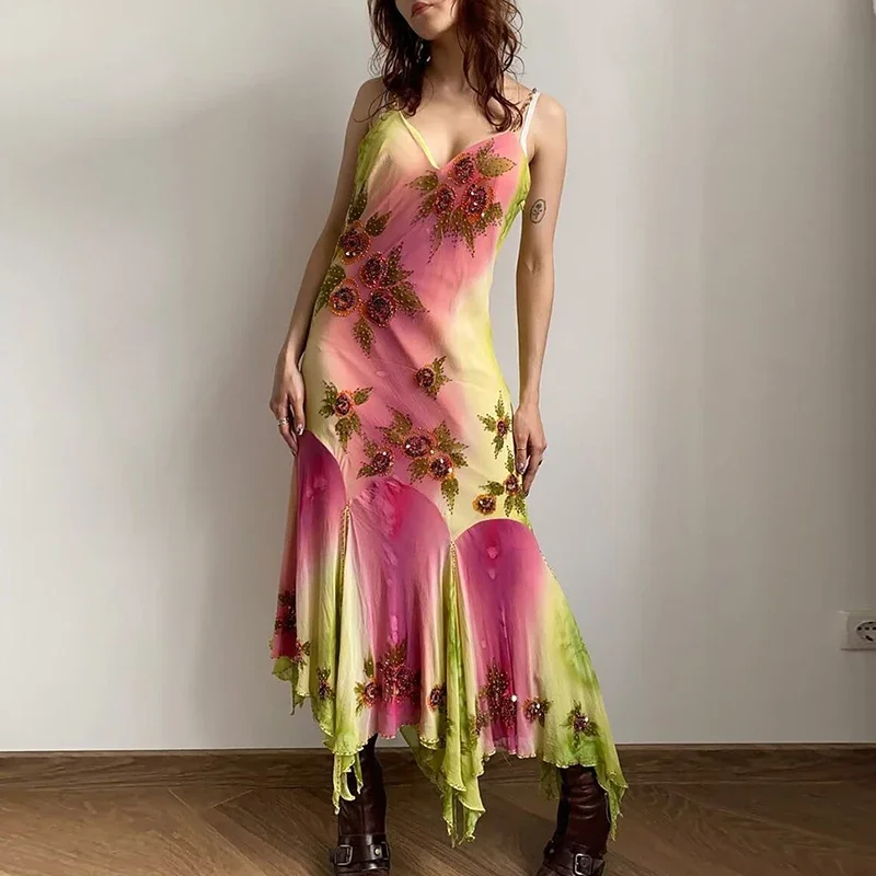 Elegant Off Shoulder Sequins Irregular Dress Women Fashion Printed Slim Fit Long Dress Summer Sexy Sleeveless Hollow Party Dress view 4