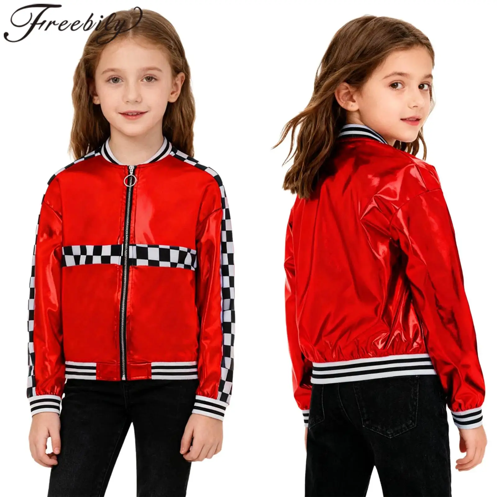 

Костюм гонщика для девочек, гоночный автомобиль, водитель, шахматная доска, металлические пальто, куртка на молнии для косплея, блестящее пальто из искусственной кожи, костюм на Хэллоуин