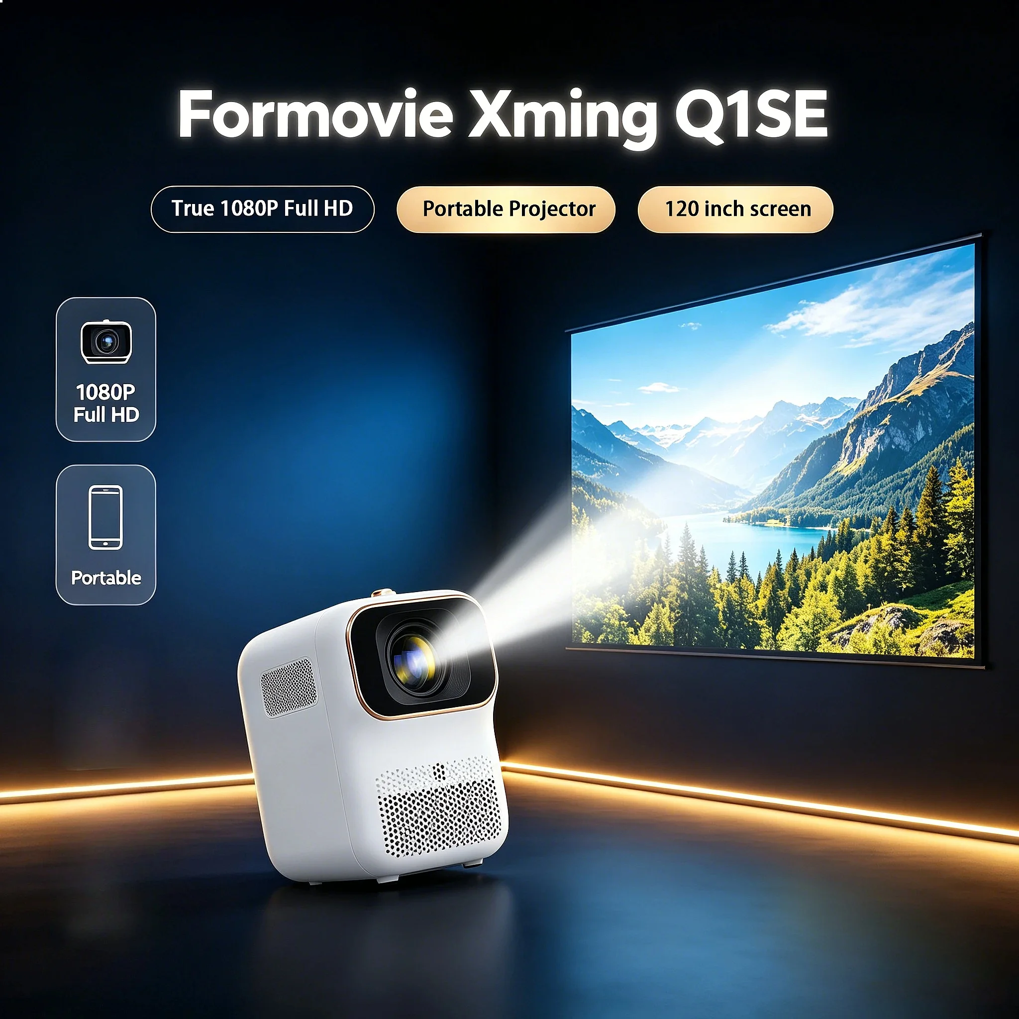 Proyector LCD Inteligente Portátil Xming Q1SE Mini Beamer 1920*1080p Full HD para Cine en Casa y Noches de Cine al Aire Libre con Altavoz