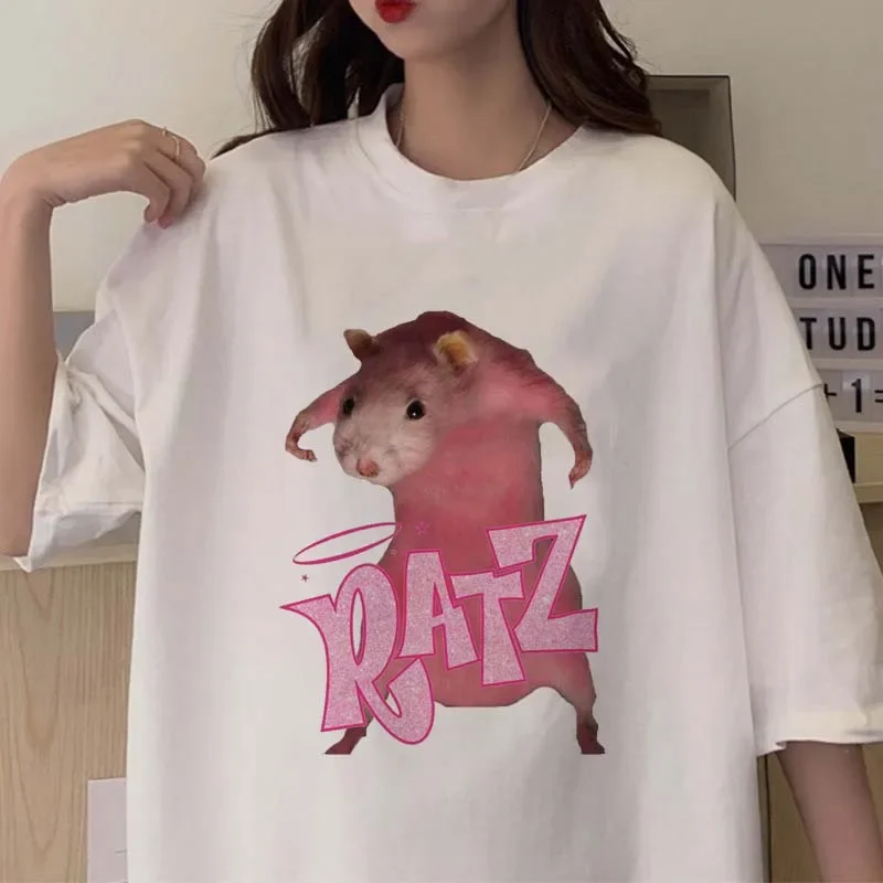 Camiseta con estampado de dibujos animados de ratón Ratz para mujer, ropa de calle informal a la moda, camiseta de manga corta con cuello redondo, ropa informal Y2k