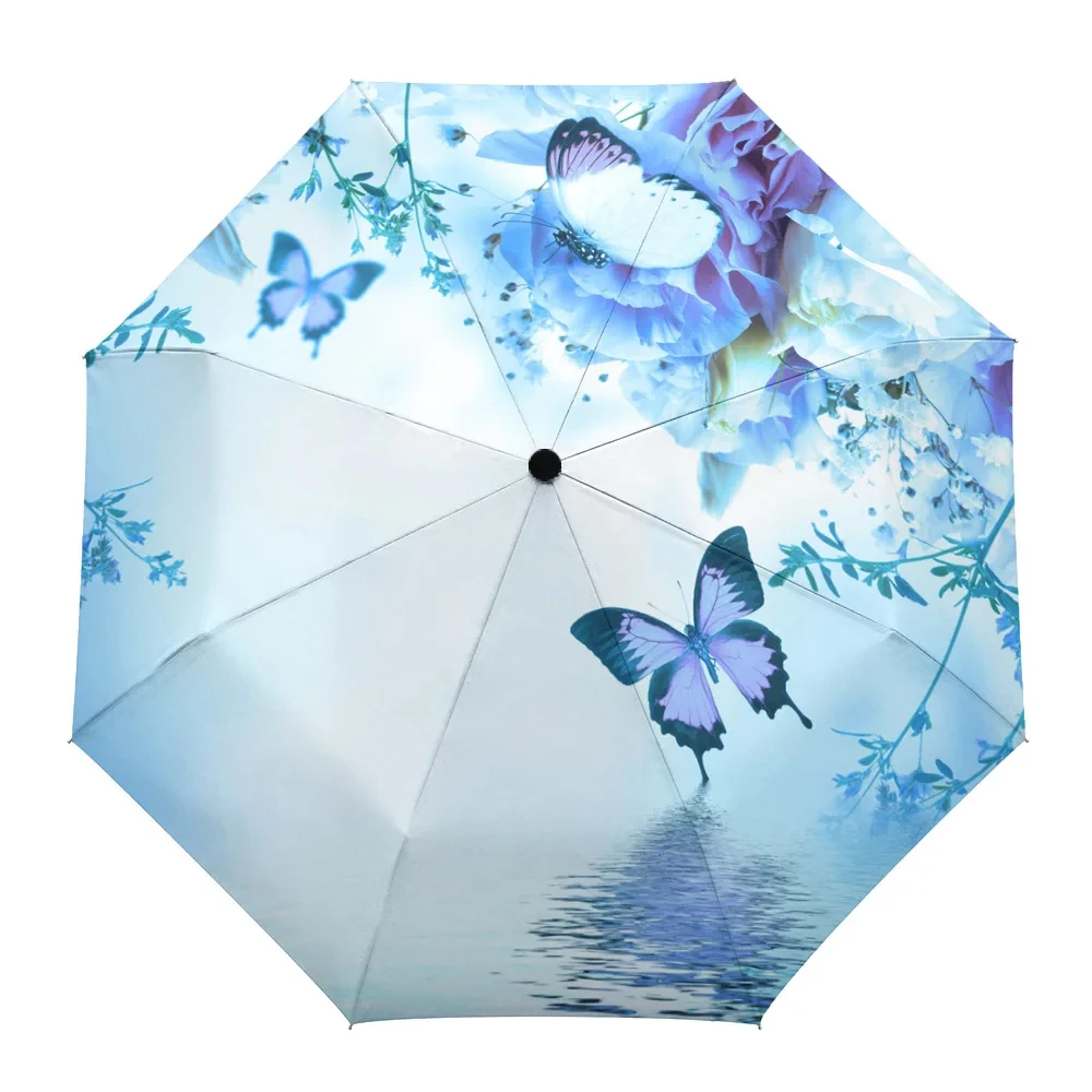 Butterfly Floral Folding Travel Umbrella Color Oil Painting Flowers Umbrellas Windproof Lightweight Parasol Umbrella Sun & Rain