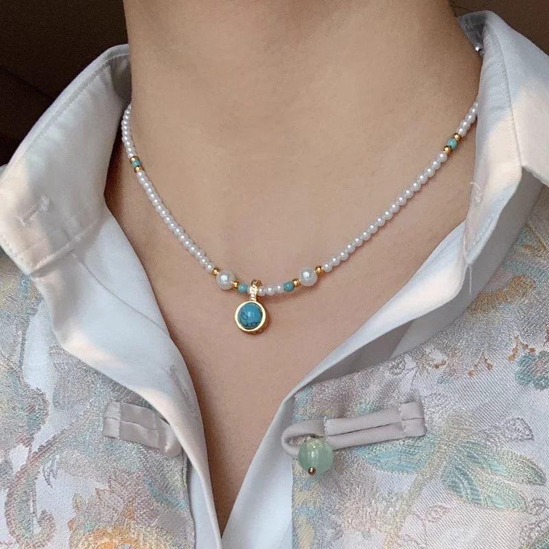 

Natural Turquoise Pearl Bead Necklace for Women Fashion Vintage Light Luxury Niche All-match Jewelry Collarbone Chain