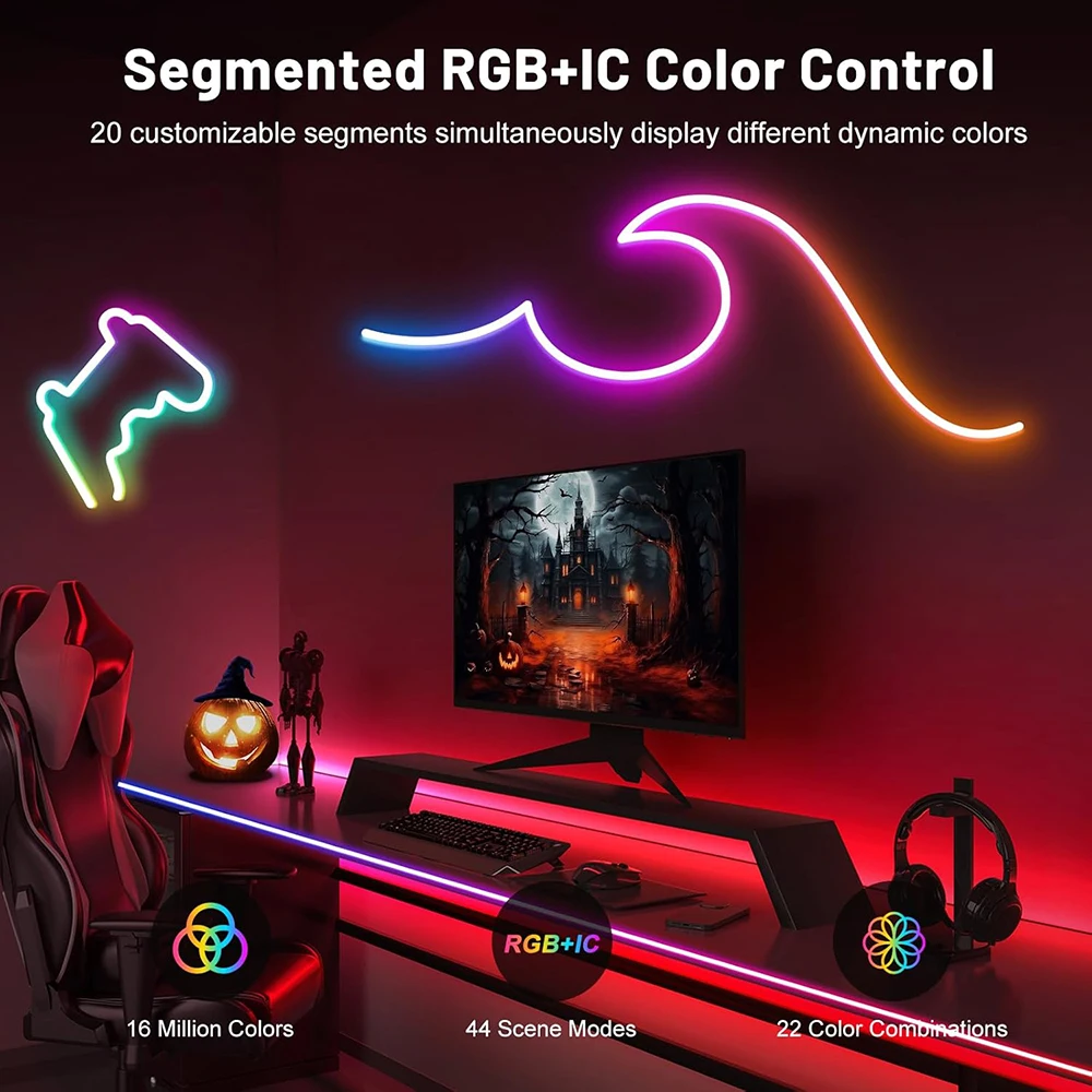 Luces de cuerda de neón LED RGB + IC inteligentes, flexibles, impermeables, 16,4 pies, con aplicación y Control remoto para juegos de pared, hogar de Navidad