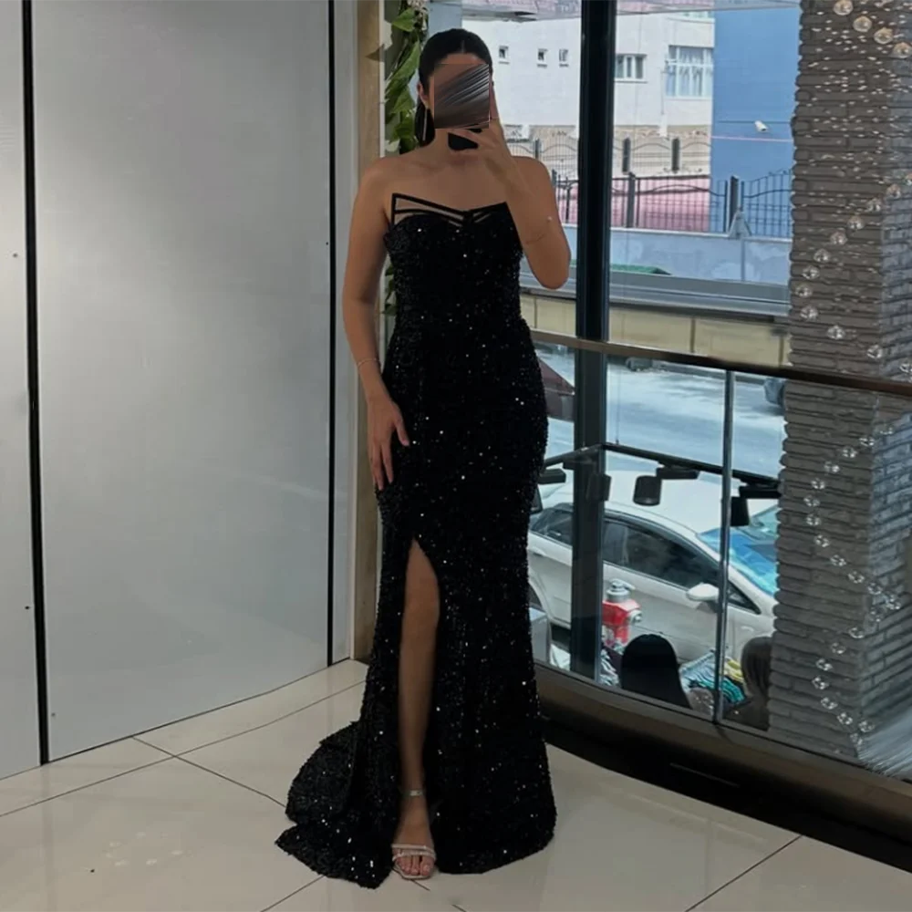 

Customized Strapless mermaid Evening Dresses Glitter Sequin Side Slit Floor-Length Sleeveless Prom Gown Simple Long Party Dress