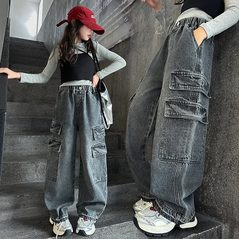 

Spring and Autumn New Girls Cargo Jeans With Pocket Teen Children American Retro Loose Wide-leg Pants Kids Foreign Style Trouser