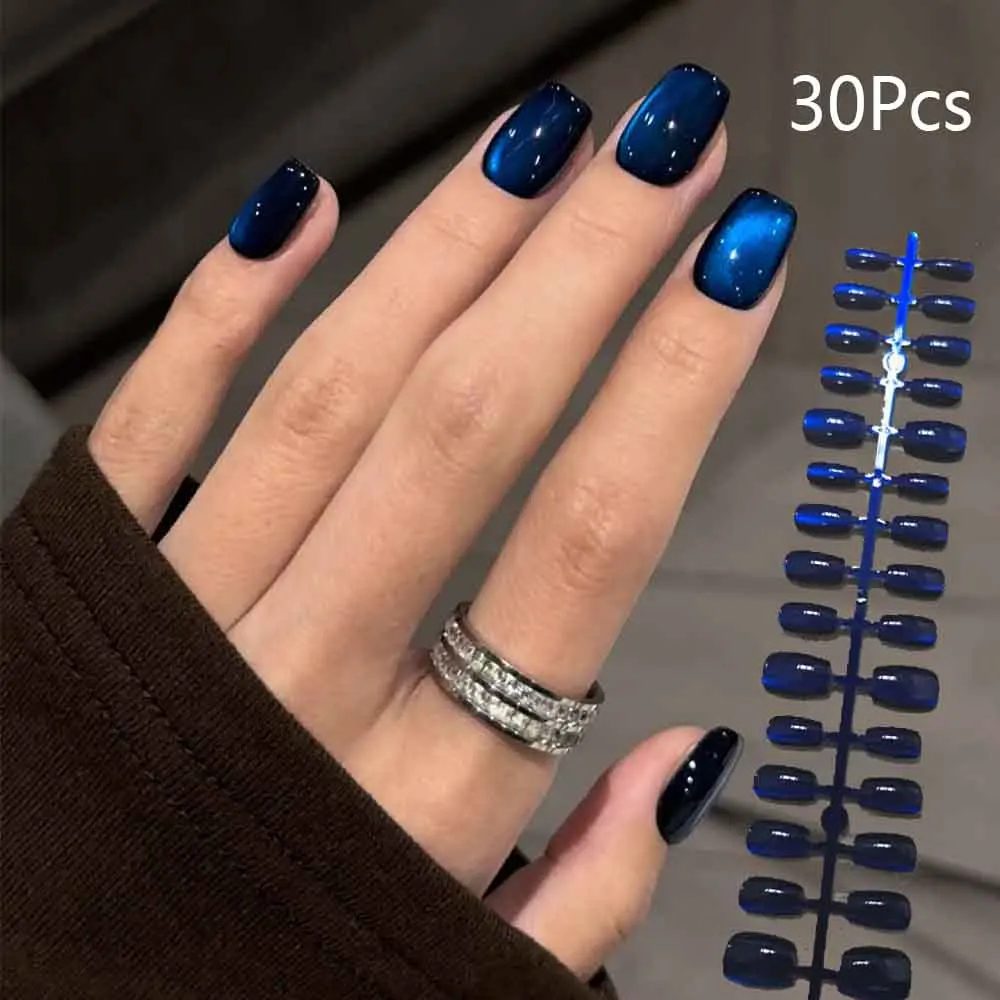 30Pcs Short Square Blue CatEye Luxury Press on Nail Glossy Reusable CatEye Fake Nail Elegant Stylish For Girls CatEye False Nail