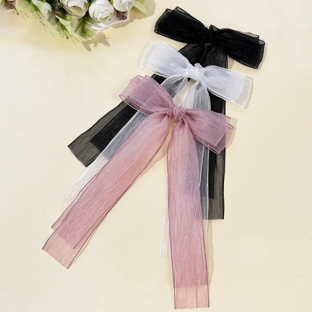 Graceful Double Layer Tulle Bow Hair Clip with Ribbon Tails for Women Versatile Back of Head Hair Accessory Sturdy