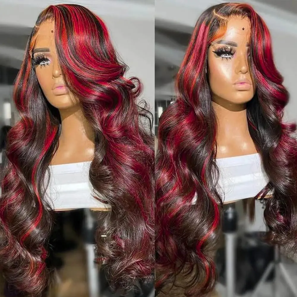 HDレースフロント人毛レッドハイライトレースフロントウィッグ女性用ボディウェーブミドルパートロングヘアウィッグ5x5 HDグルーレスレッド
