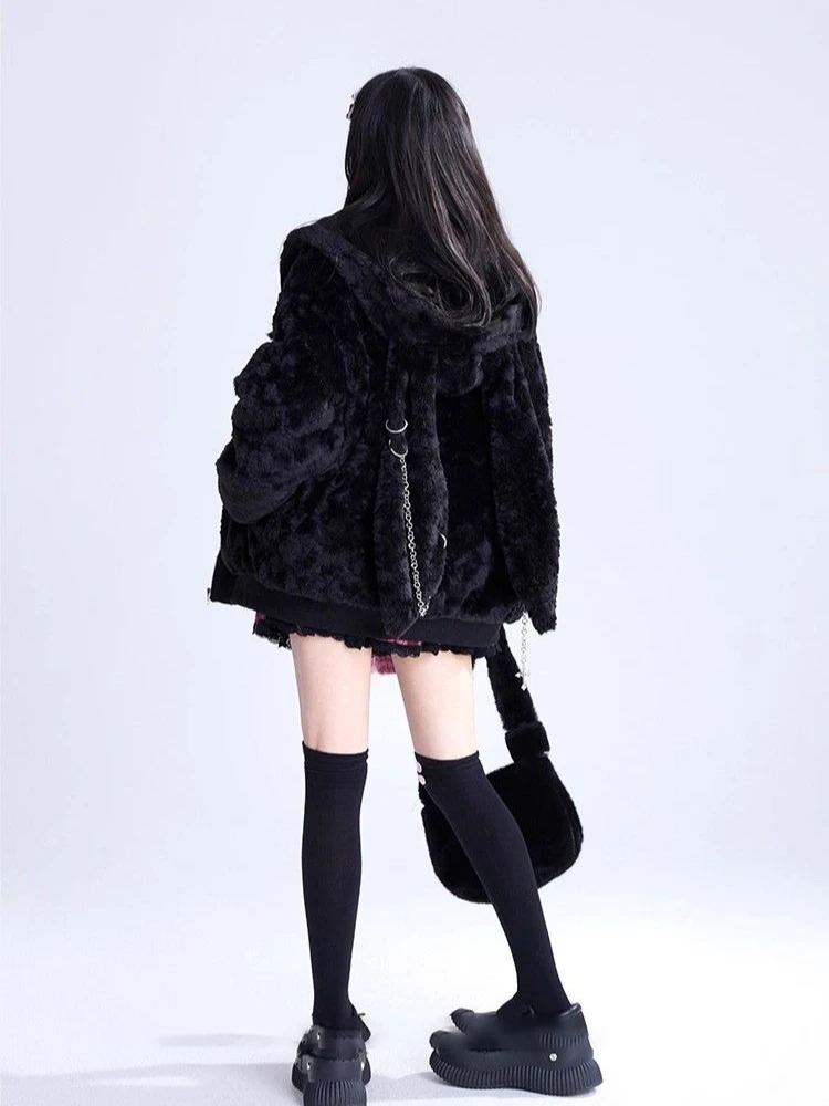 Japanese Kawaii Coat Long Sleeve Women Casual Solid Color Rabbit Ears Punk Harajuku Sweatshirt Sweet Zipper Hoodie Autumn Tops