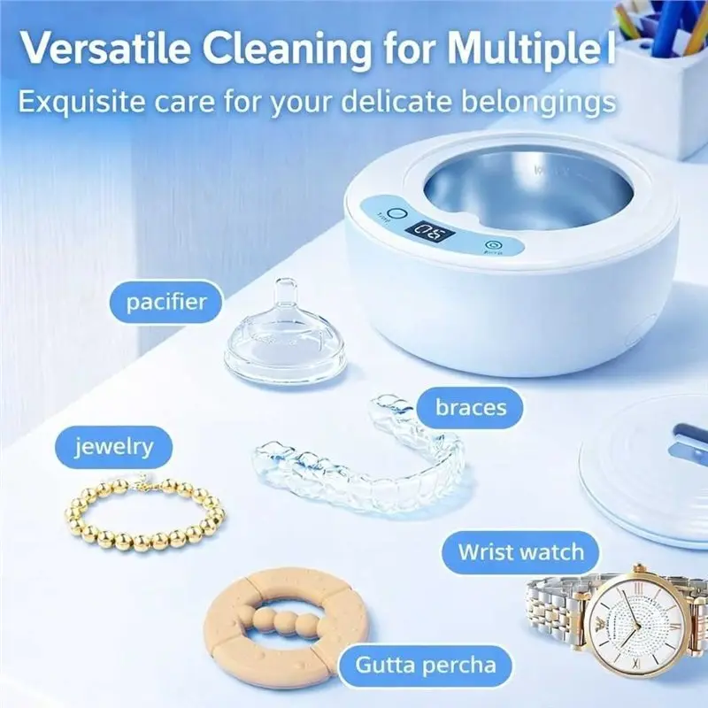NEW!A61I Portable Ultrasonic Retainer& Silver Jewelry Cleaner Machine With UV Light And Timer EU PLUG For Dentures Aligners