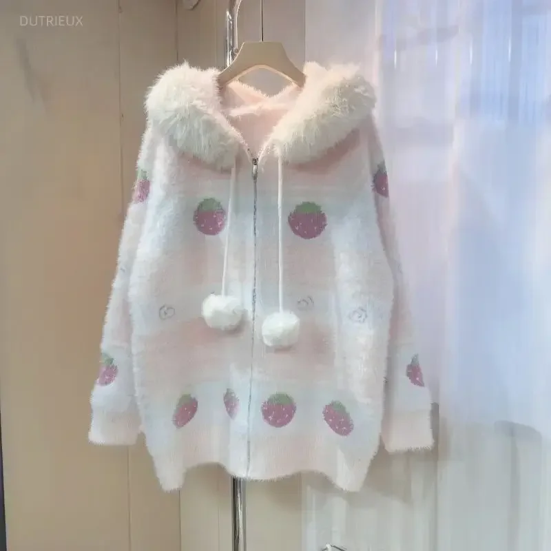 2026 Fall Winter Clothing Women's Sweater Coats Sweet Pull Femme Strawberry Hooded Knitting Cardigan Tops Fashion Sueter Mujer