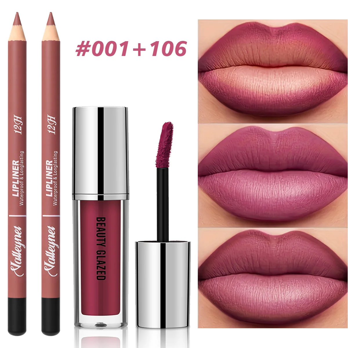 قطعتان/مجموعة قلم تحديد شفاه + أحمر شفاه، وردي بني وأرجواني، غير لامع يدوم طويلاً، مقاوم للماء وسهل الاستخدام، إنشاء مكياج يومي #1