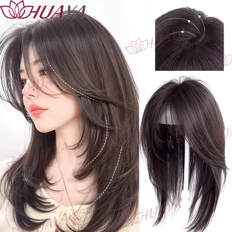 HUAYA Invisible Layered Bangs Hair Topper with Side Face Framing, Clip in Synthetic Hair Piece for Thinning Hair, Fluffy Volumin