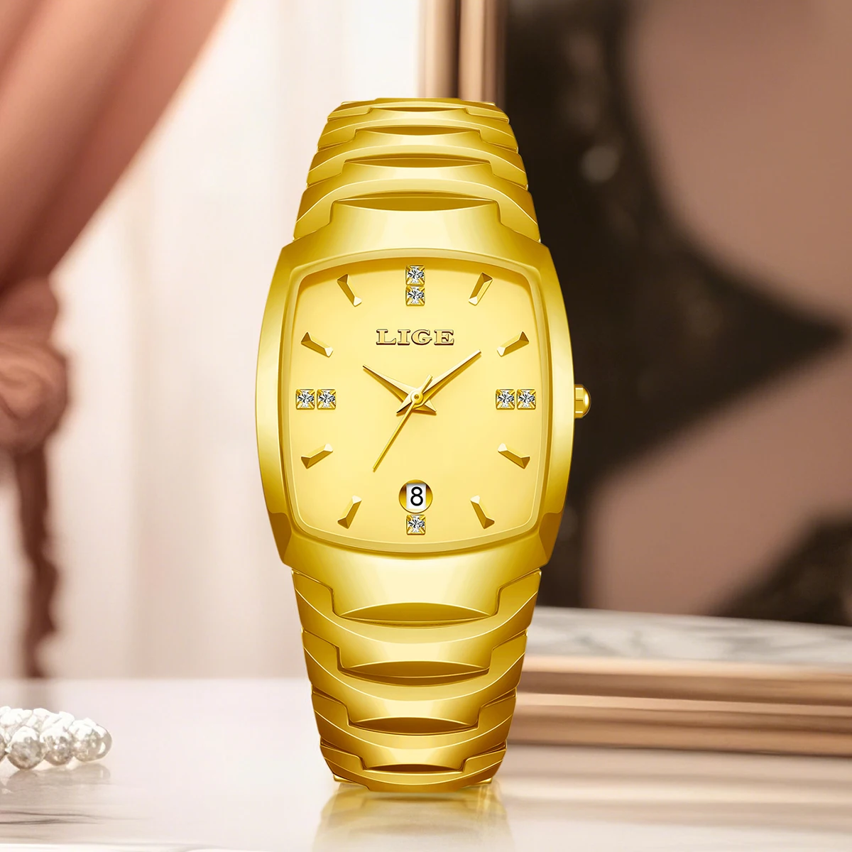 LIGE Top Brand Elegant Luxurious Women's Watches Waterproof Tungsten Steel Strip Quartz Watch for Lady Tonneau Watch Luxury