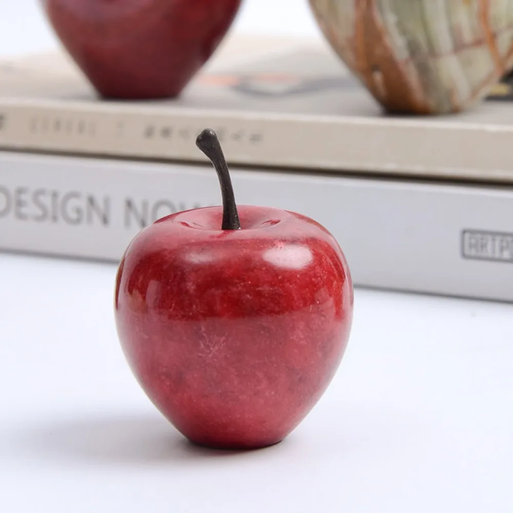 Natural Marble Apple Figurine Stone Fruit Statue Metal Stem Simulation Apple Ornament Home Desktop Living Room Decor Craft Gift