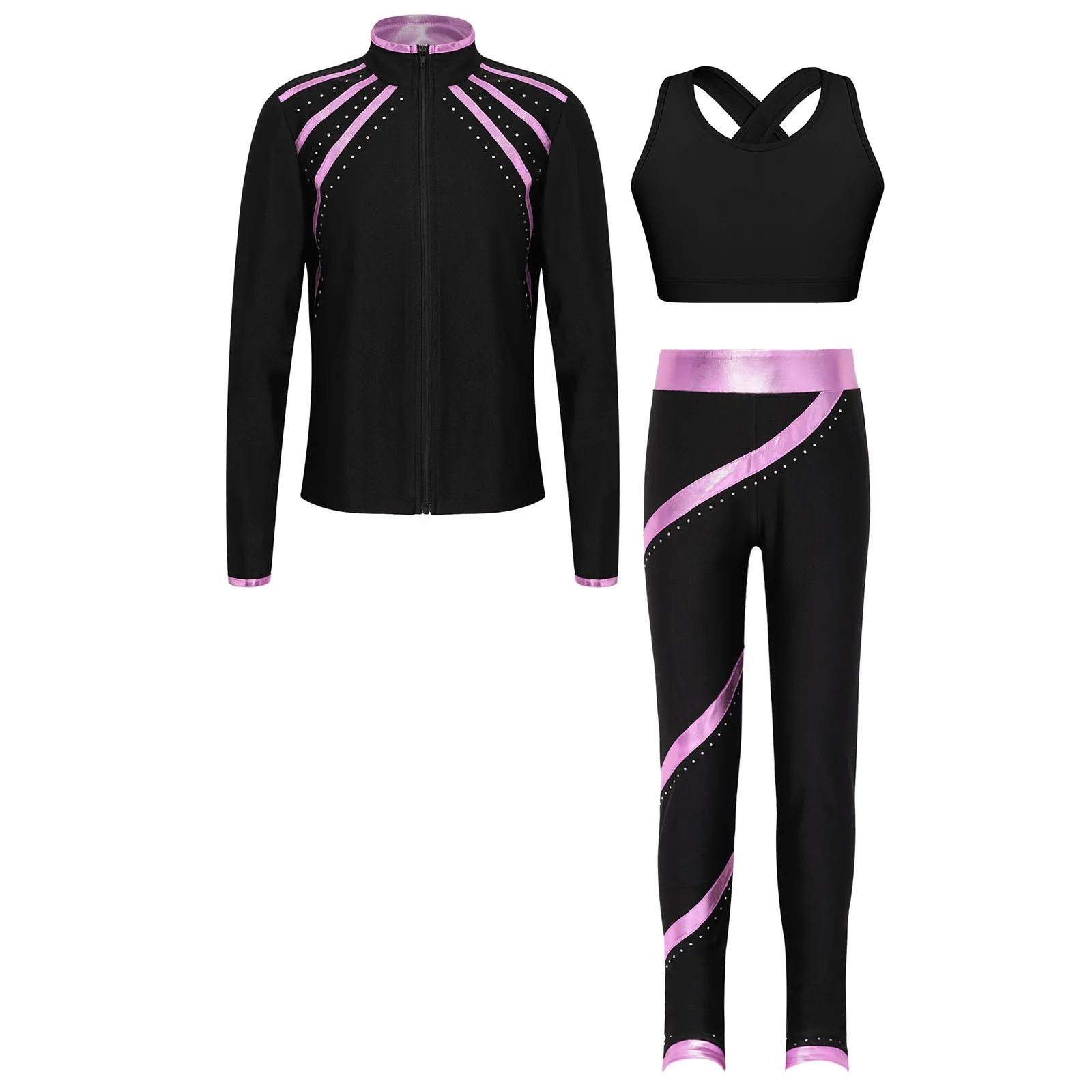 

Kids Girls Skating Gymnastics Costume Long Sleeve Zipper Outerwear with Crop Top Sport Leggings Pants Fitness Yoga Tracksuits