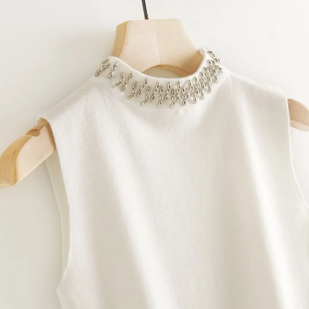 

Women's Handmade Beaded Semi-High Neck Sleeveless Knitted Vest Elegant Slimming Top for Spring And Summer