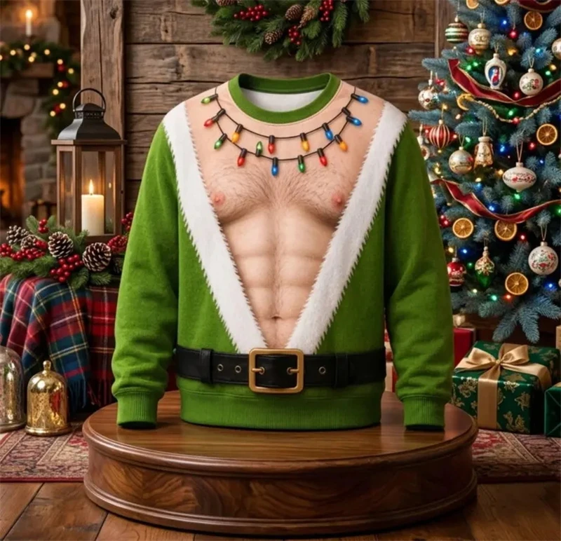 Lustiger Muskel-Weihnachtsmann-Sweatshirt für Herren, 3D-Druck, Herbst-Winter-Ugly-Sweater, Festtagskostüm, Pullover-Oberteile für Herren – Detail 2