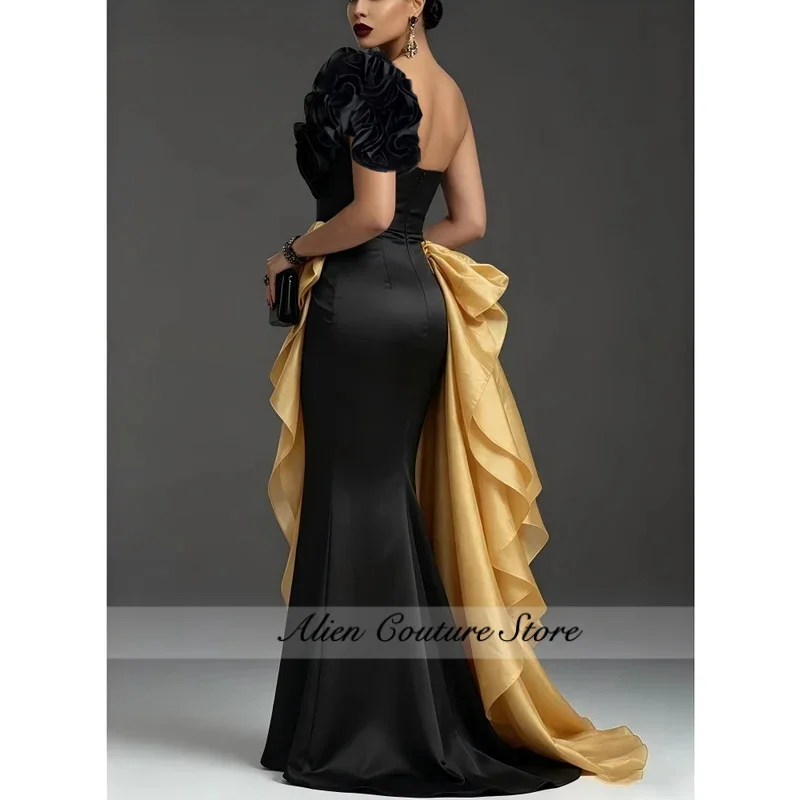 Customized Black Gold Ruffles Prom Dress 2026 One Shoulder Flowers Women Evening Gowns Sheath Wedding Guest Dress Long
