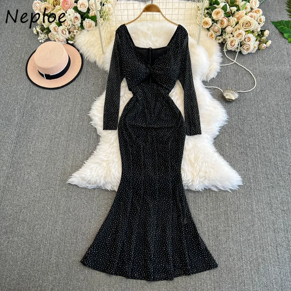 Neploe Elegant Deep V-neck Long Sleeve Sequin Dress Slim Fit Sexy Mid-length Bodycon Robe Moda Mermaid Korea High Waist Mujer