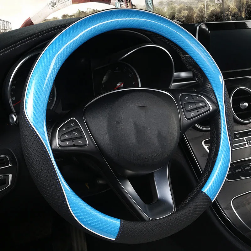 

Carbon Fiber Leather Steering Wheel Cover Black Blue For Men Accessories 15 Inch Leather Auto Steering Cover Case Universal 38CM