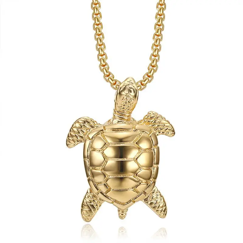Fanshu Titanium Steel Gold Plated Turtle Animal Pendant Collar Chains Necklace for Men Women Couple Friends Gift Fashion Jewelry