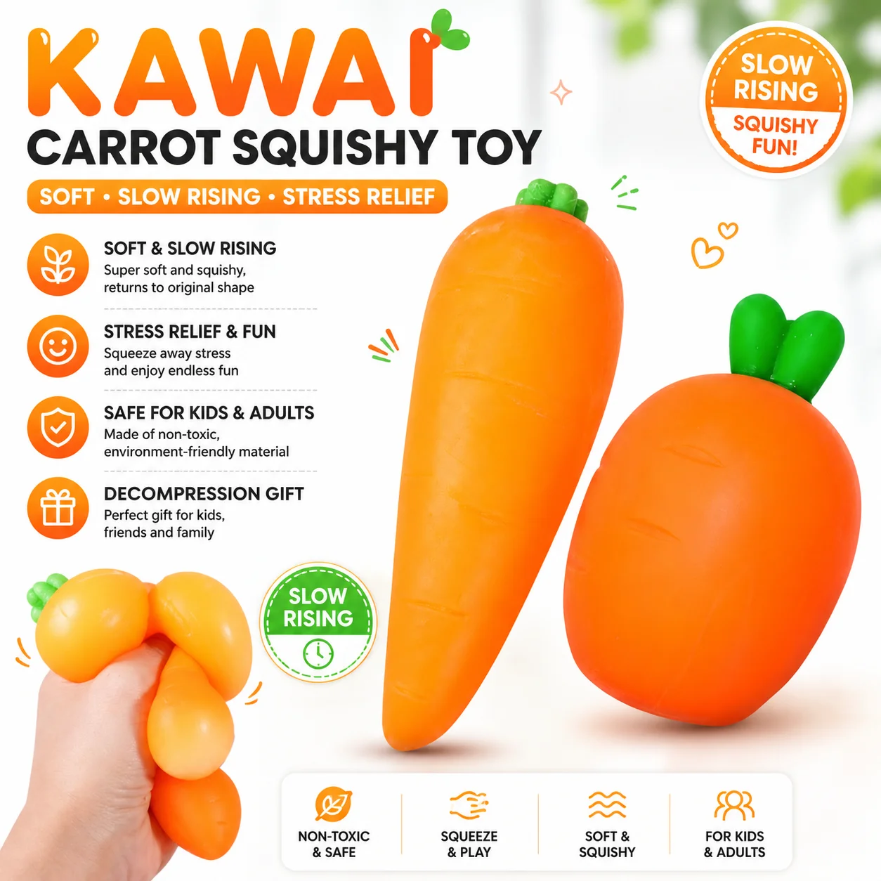 Kawaii Karotten-Squishy-Spielzeug, weich, langsam aufsteigend, Simulation Gemüse, Stressabbau-Fidget-Spielzeug für Kinder und Erwachsene, Entspannungsgeschenk