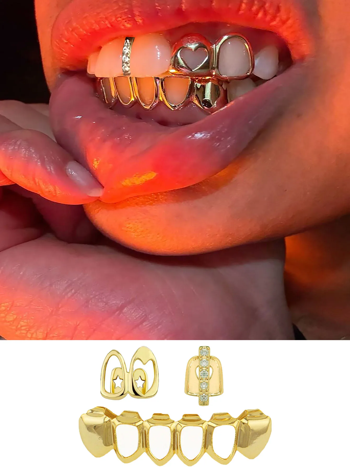 Fashionable Dental Jewelry With Heart-Shaped Hollowed-Out/Zircon Vertical Bars/Four-Hollowed-Out Lower Teeth Three-Piece Set