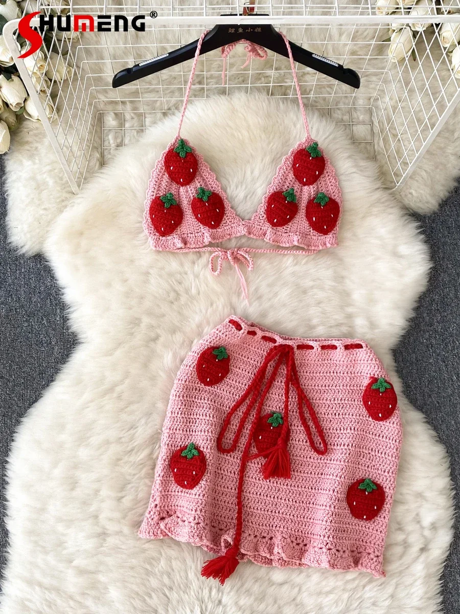 

2024 Summer Seaside Vacation Sweet Sexy Knitted Strawberry Suspender Tube Top Small Vest Hip Hot Girl Short Skirt Two-piece Sets