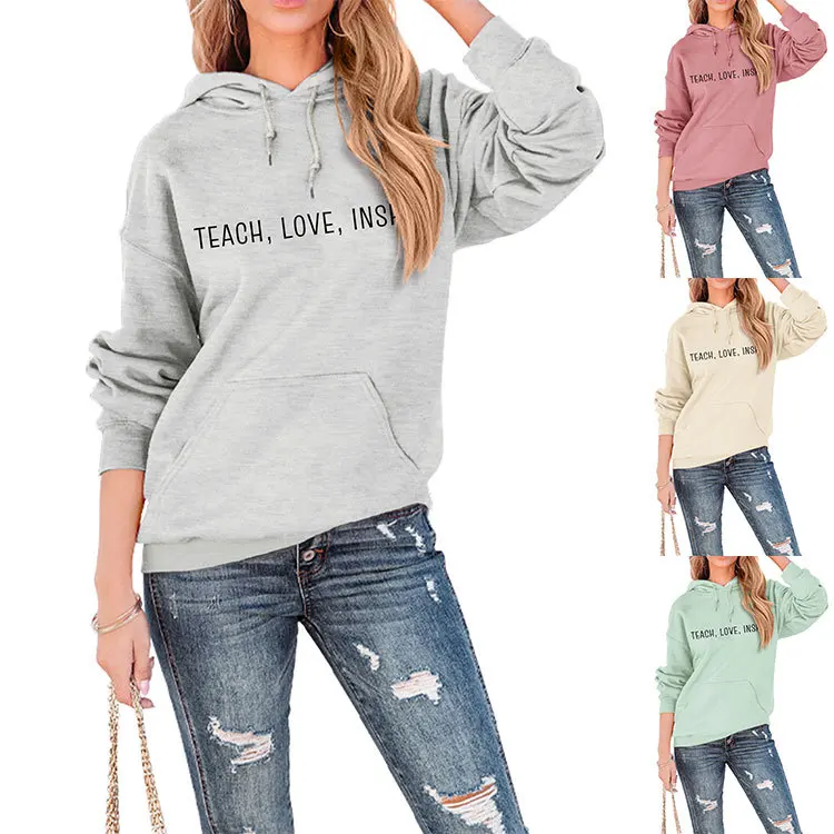 Autumn and winter new women's long-sleeved hoodie teach love inspire simple print loose casual top with pullover