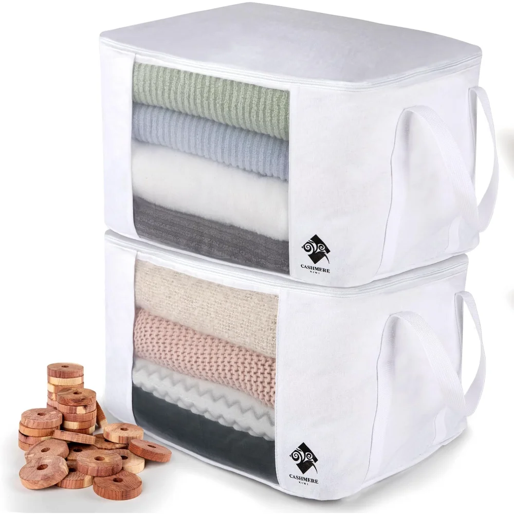 

2 Large Cotton Garment Bags, 30 Cedar Rings, & Mesh Window for Cashmere Sweaters Kiwi, 15 x 11 x 9 In, Foldable Storage Bags