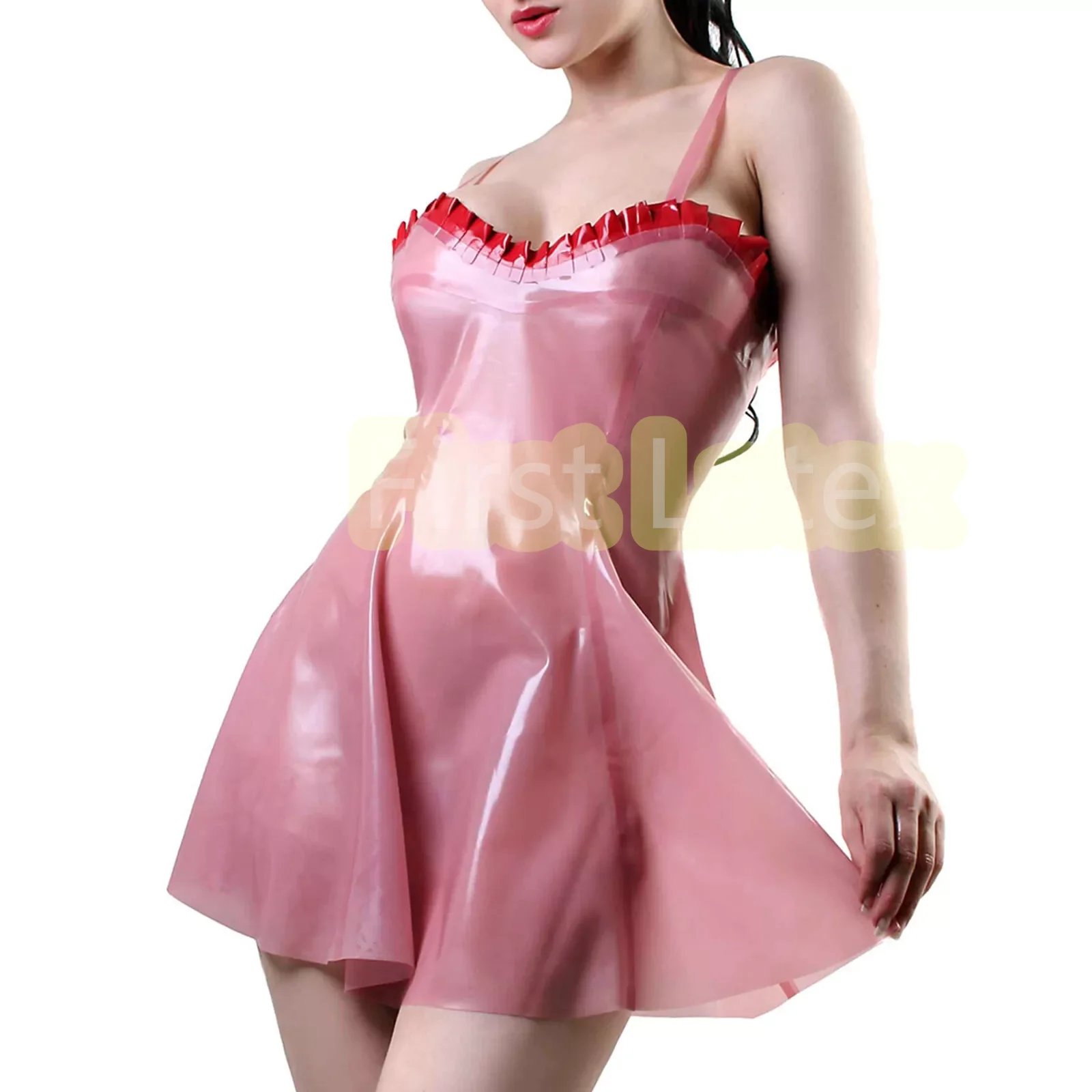 

Handmade Latex Flared Dress Cosplay Party Wear Fetish Transparent Pink with Red Decoration Mini Skirt Back Zipper