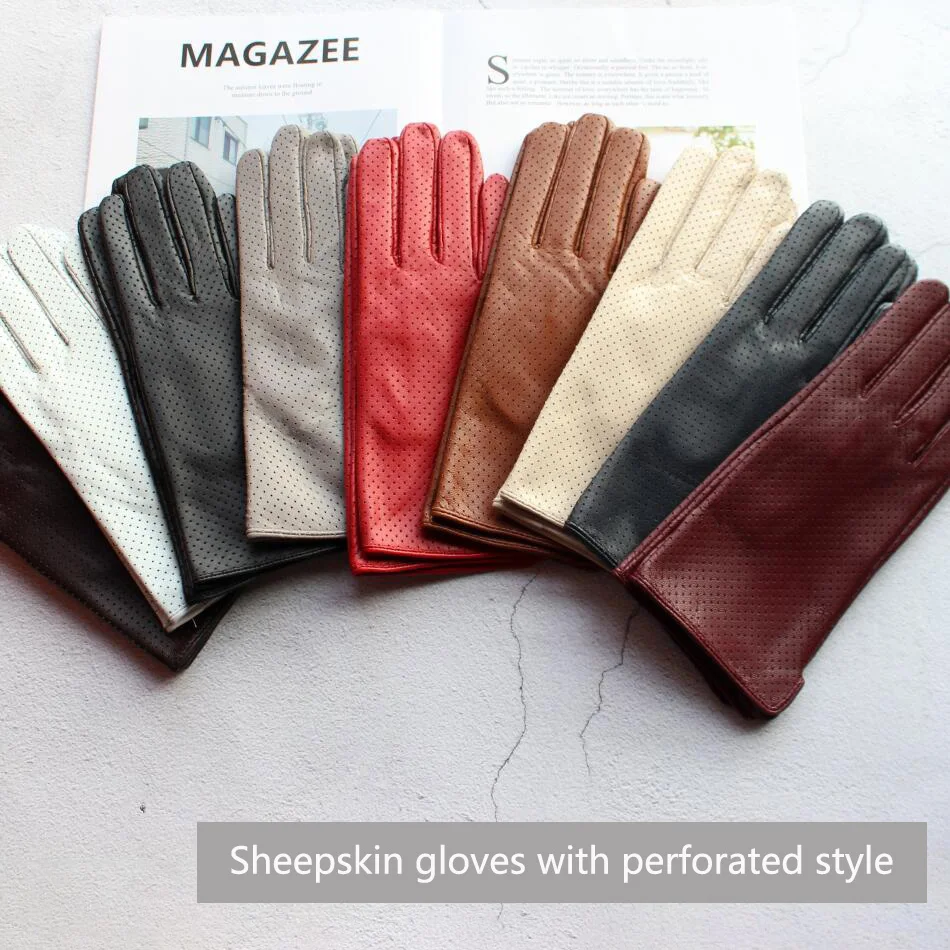 Summer Driving Thin Leather Sheepskin Gloves Women\'s Fashionable Silk Lining Perforated Motorcycle Riding Finger Gloves