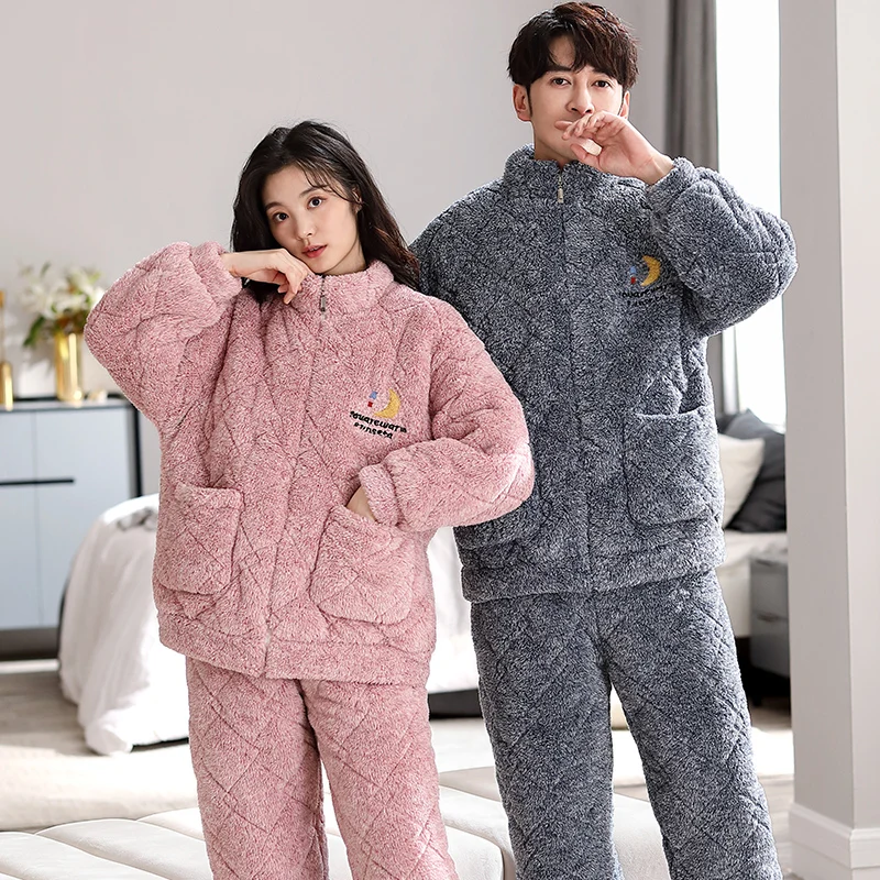 

Clip Cotton Pajamas Set Winter Couple Three-layer Thick Coral Fleece Flannel Warm Sleepwear Casual Men and Women Homewear