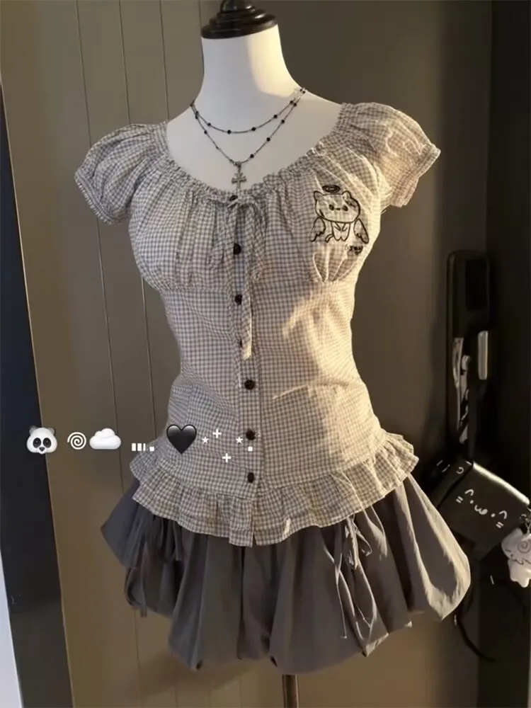 خمر لوليتا 2 قطعة مجموعة المرأة الصيف تصميم Kawaii سليم منقوشة قصيرة الأكمام Y2k القمم الرجعية عالية الخصر التجاعيد البتلة تنورة صغيرة