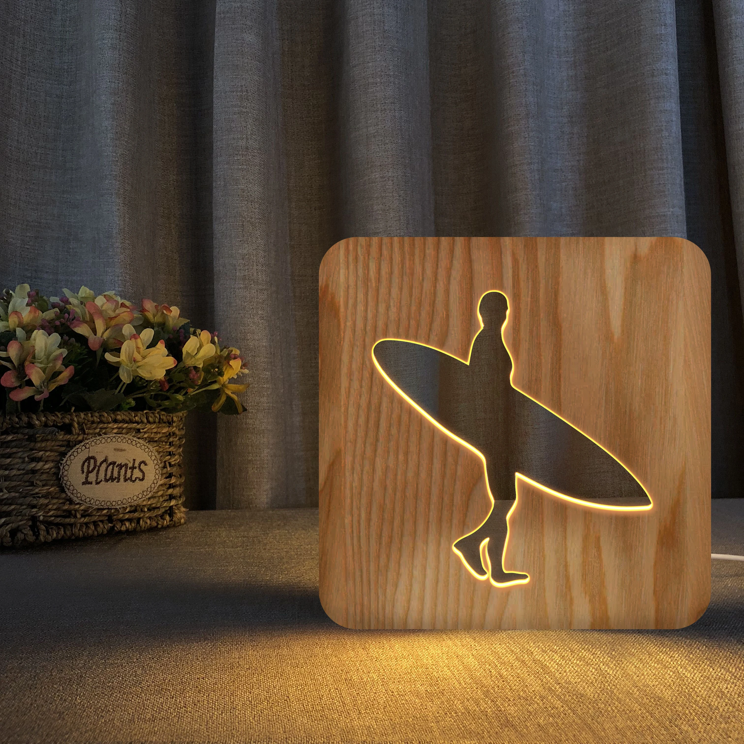 Wholesale Water Sport athlete 3D wood Night Light led USB Operated surf Style Lamp 3D Luminaria bedroom Night Lamp Birthday Gift