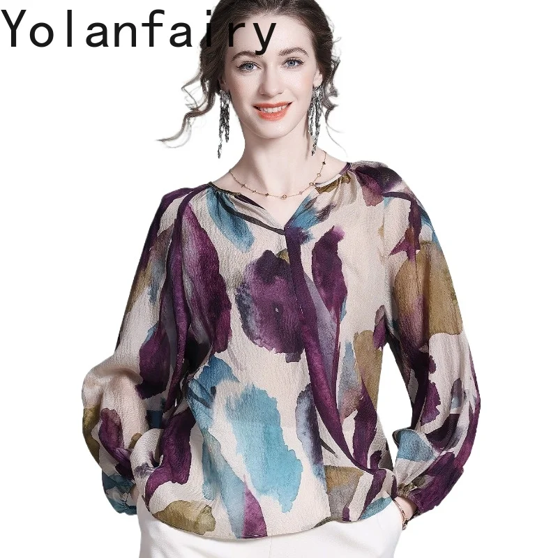 

YOLANFAIRY Элегантные женские блузки из 100% натурального шелка тутового шелкопряда, весна 2026, с V-образным вырезом, принтованные, с длинным рукавом, свободного кроя