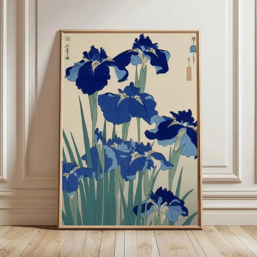Blue Iris HD Wall Art Poster Elegant Ukiyo-E Japanese Flower Nature Illustration Timeless Understated Home Decor Gift