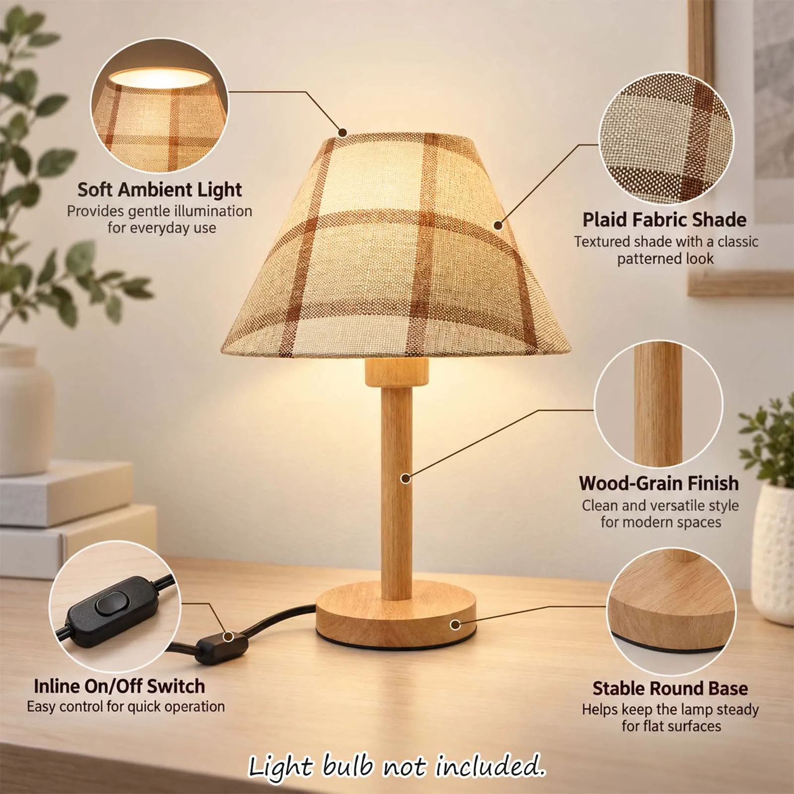 Retro Brown Plaid Table Lamp Dark Wood Stem E27 Bedroom Living Room Nightstand Decor