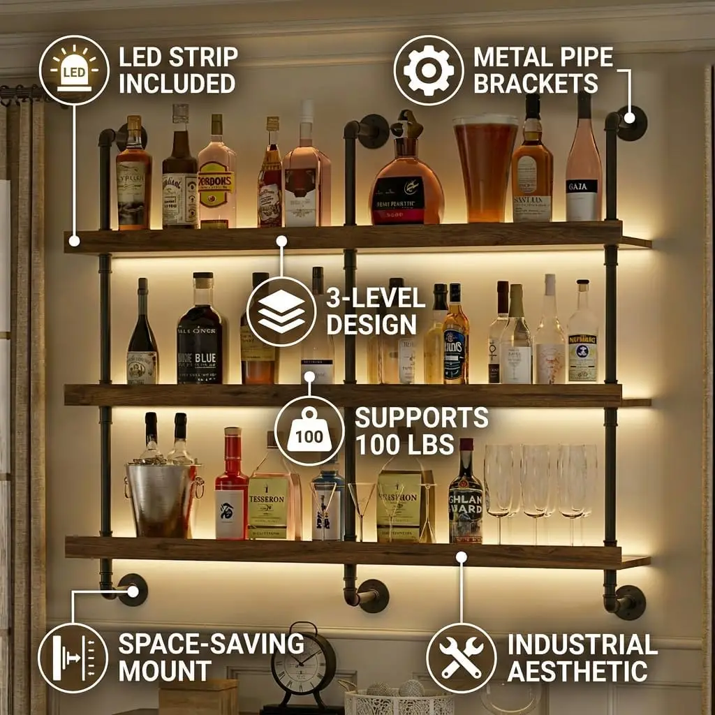 Wall Mounted Wine Rack With LED Light Three Tier Floating Bar Shelf For Liquor Bottle Display Storage Modern Wine Holder Organizer For Kitchen Home Bar Dining Room Black view 4