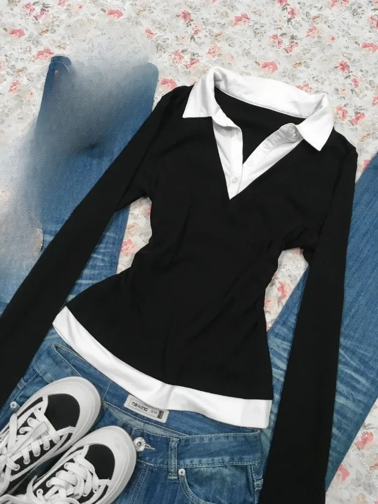 Kimutomo Fake Two Piece Vintage T Shirts Women Turn Down Collar Long Sleeve Slim Vintage Grunge Gothic Female Tops Casual Shirt image 5