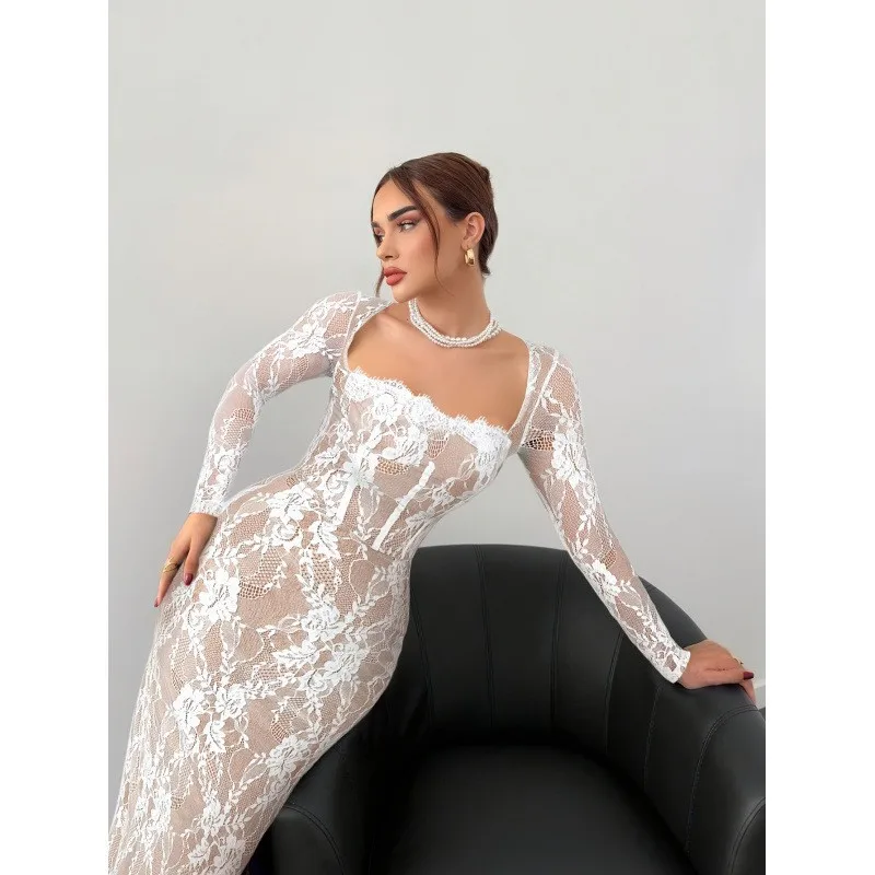 2025 Women Dress Elegant Fashion Beautiful Women's Lace Elegant Square Neckline Patchwork Collar Long Sleeve Slim Fit Long Dress