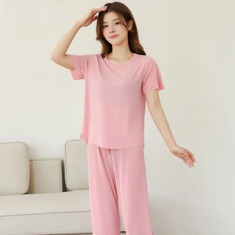 Home Dress Ice Silk Pajamas Pleasantly Cool Set New Style Fallow Loose Comfort Solid Color Ventilate Summertime Short Sleeve Ms.