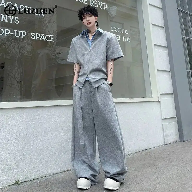 

LUZHEN 2026 New Fashion Handsome Two-piece Sets Men Original Loose Wide Leg Casual Pants Shoulder Pad Short Sleeve Shirts JY6519