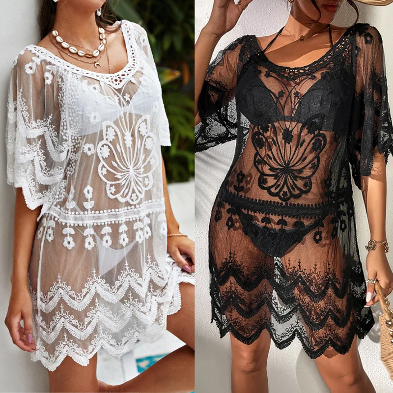New Womens Summer Beach Sun Protection Shirt Loose Pullover Swimsuit Cover-Up Beach Jacket Water-soluble Lace Bikini Dress Women